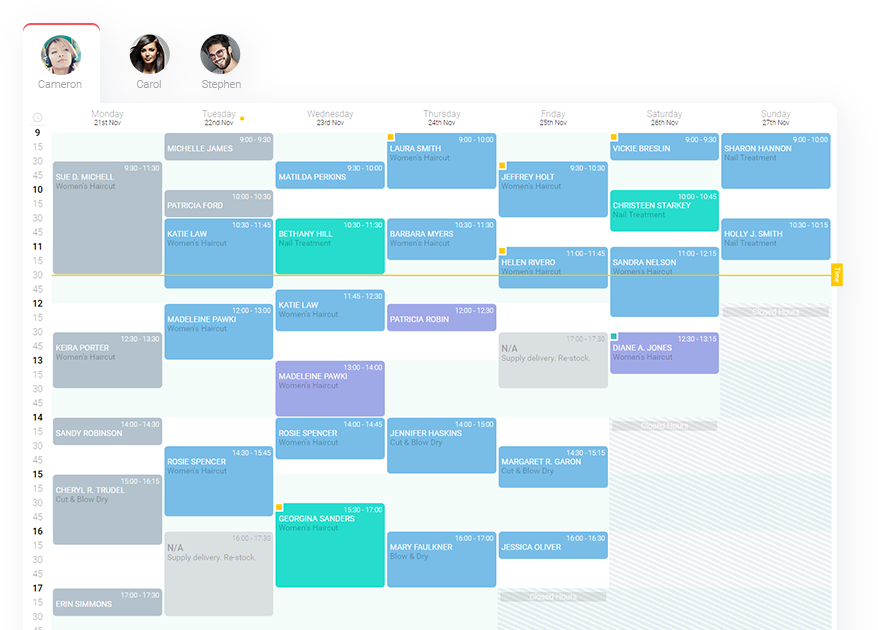 Calendario comercial de Planfy.com que muestra las reservas y citas de la semana actual.