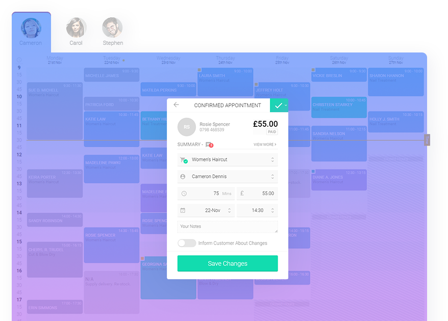 Planfy dashboard displaying how booking details are changed.