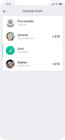 Planfy.com booking-widget, der viser, hvordan brugeren vælger personale, de vil booke.