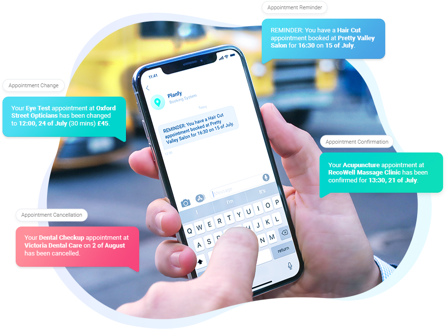 A mobile phone with new SMS from Planfy system informing client about upcoming appointments and any changes to their booking.